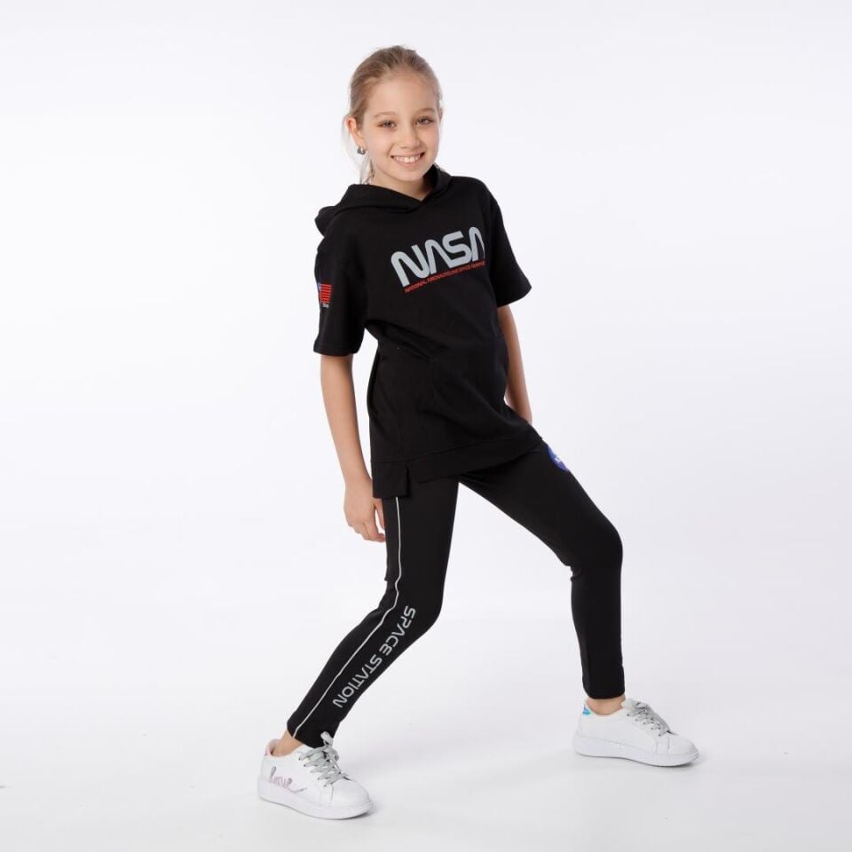 KIZ ÇOCUK NASA BASKILI KAPÜŞONLU T-SHIRT NAKIŞ DETAYLI TAYT