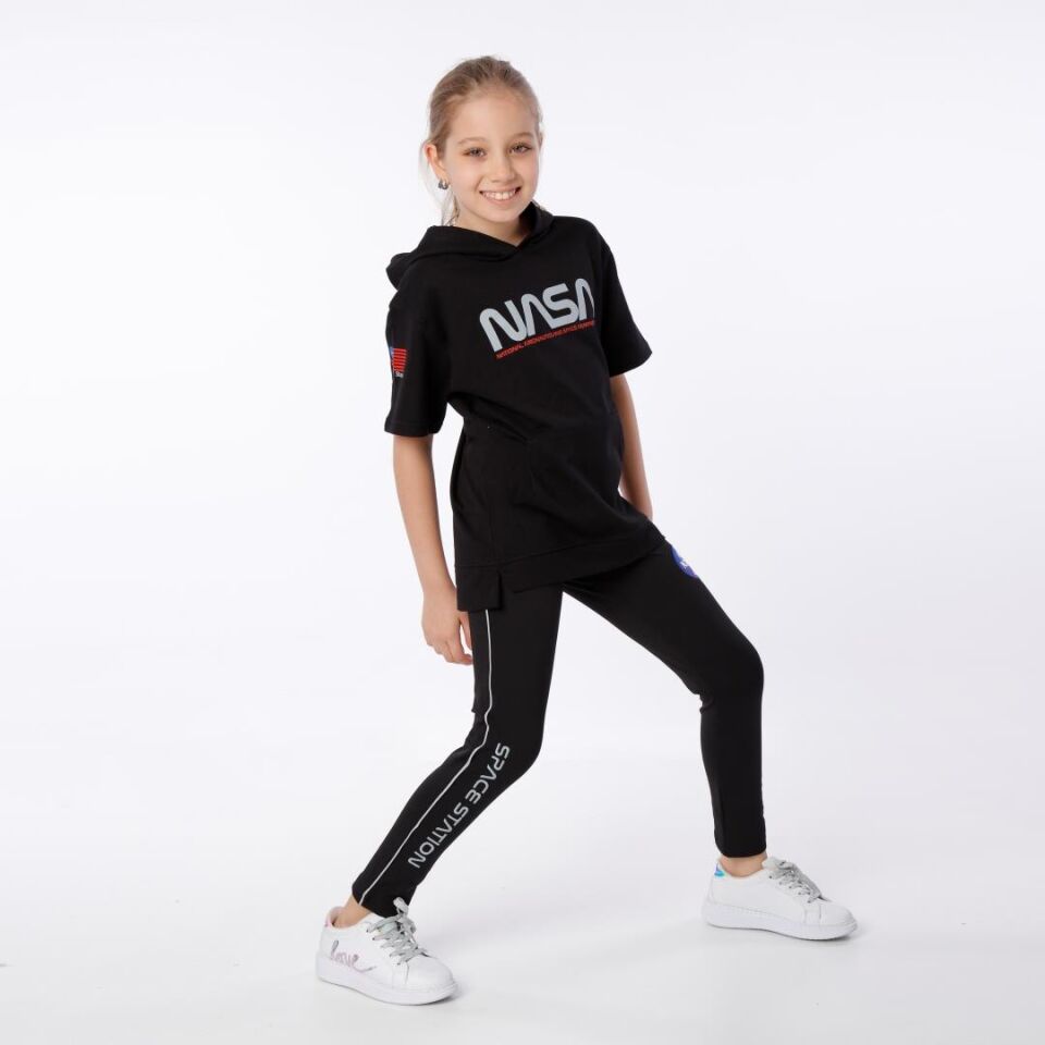 KIZ ÇOCUK NASA BASKILI KAPÜŞONLU T-SHIRT NAKIŞ DETAYLI TAYT