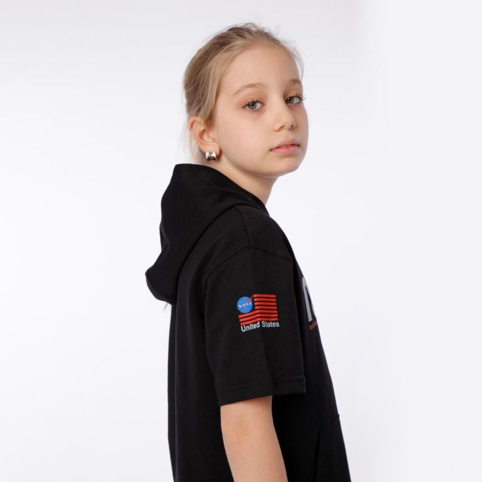 KIZ ÇOCUK NASA BASKILI KAPÜŞONLU T-SHIRT NAKIŞ DETAYLI TAYT