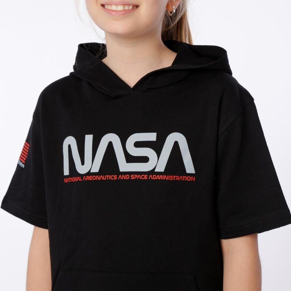 KIZ ÇOCUK NASA BASKILI KAPÜŞONLU T-SHIRT NAKIŞ DETAYLI TAYT