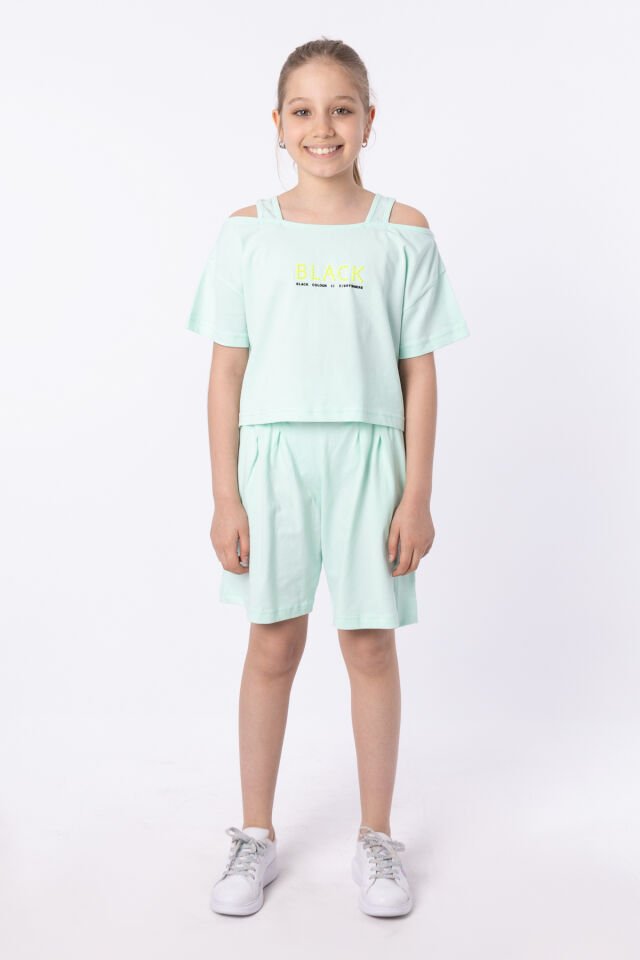 ORGANİK PAMUKLU BASKILI YÜKSEK BEL BOKSÖR KEMERLİ AÇIK OMUZLU CROP KESİM T-SHIRT SHORT TAKIMI 14-15 Yaş - MİNT YEŞİLİ