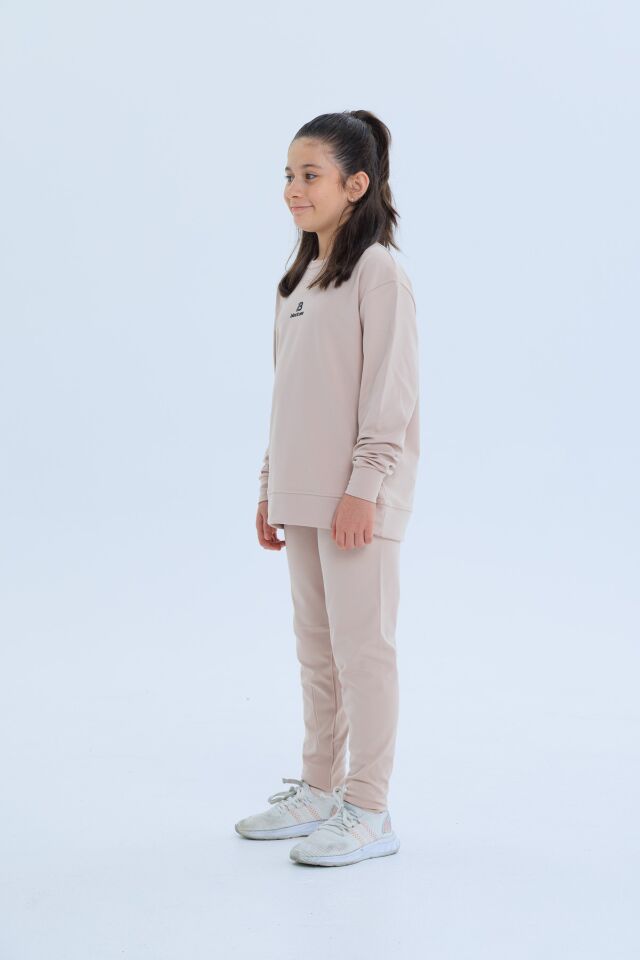 Black One Kız Çocuk Şerit Detaylı Salaş Sweat ve Tayt Spor Takım – Rahat Kesim, Yumuşak Kumaş VİZON - 14-15 Yaş