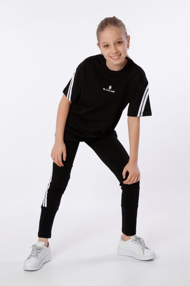 KIZ ÇOCUK BASKILI BİSİKLET YAKA T-SHIRT ŞERİT DETAYLI TAYT TAKIMI