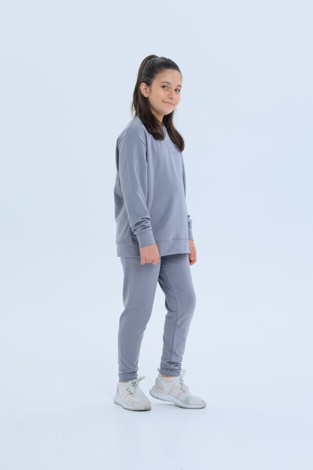 Black One Kız Çocuk Şerit Detaylı Salaş Sweat ve Tayt Spor Takım – Rahat Kesim, Yumuşak Kumaş KOYU GRİ - 12-13 Yaş