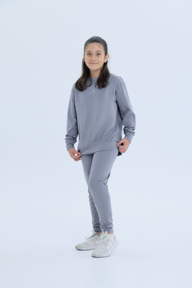Black One Kız Çocuk Şerit Detaylı Salaş Sweat ve Tayt Spor Takım – Rahat Kesim, Yumuşak Kumaş KOYU GRİ - 14-15 Yaş
