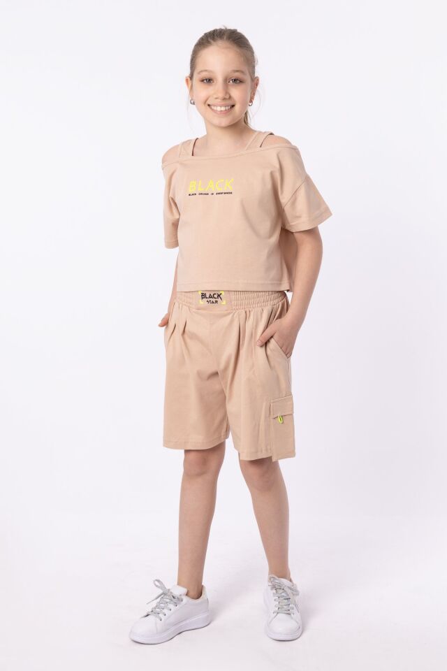 ORGANİK PAMUKLU BASKILI YÜKSEK BEL BOKSÖR KEMERLİ AÇIK OMUZLU CROP KESİM T-SHIRT SHORT TAKIMI 9-10 Yaş - VİZON