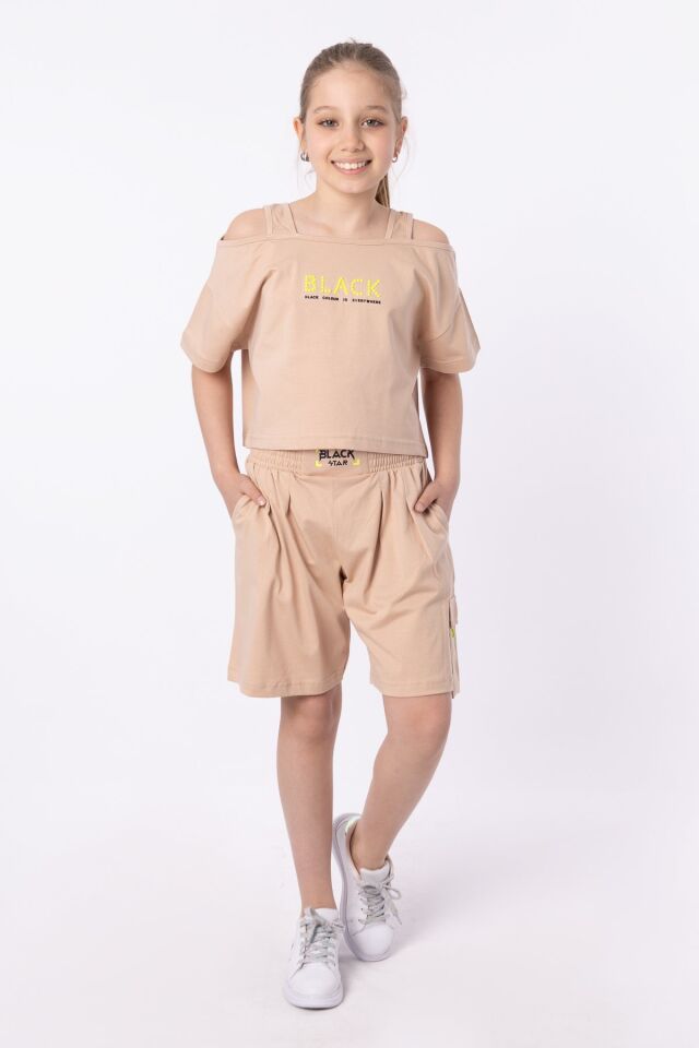 ORGANİK PAMUKLU BASKILI YÜKSEK BEL BOKSÖR KEMERLİ AÇIK OMUZLU CROP KESİM T-SHIRT SHORT TAKIMI 9-10 Yaş - VİZON