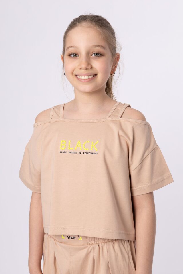 ORGANİK PAMUKLU BASKILI YÜKSEK BEL BOKSÖR KEMERLİ AÇIK OMUZLU CROP KESİM T-SHIRT SHORT TAKIMI 9-10 Yaş - VİZON