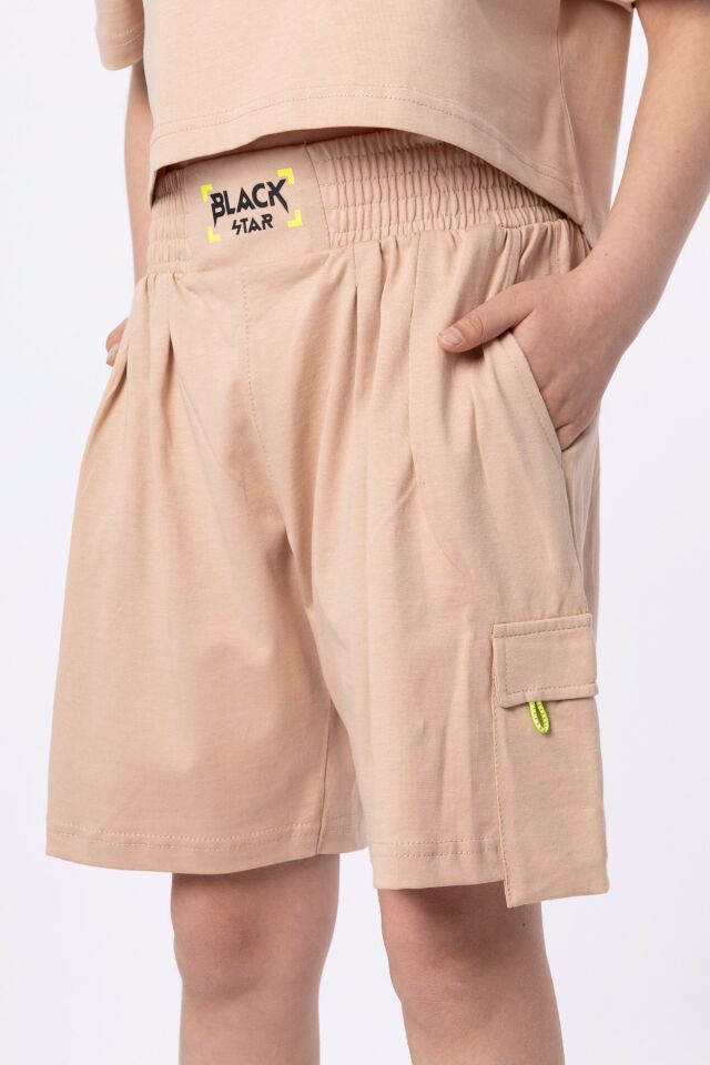 ORGANİK PAMUKLU BASKILI YÜKSEK BEL BOKSÖR KEMERLİ AÇIK OMUZLU CROP KESİM T-SHIRT SHORT TAKIMI 9-10 Yaş - VİZON