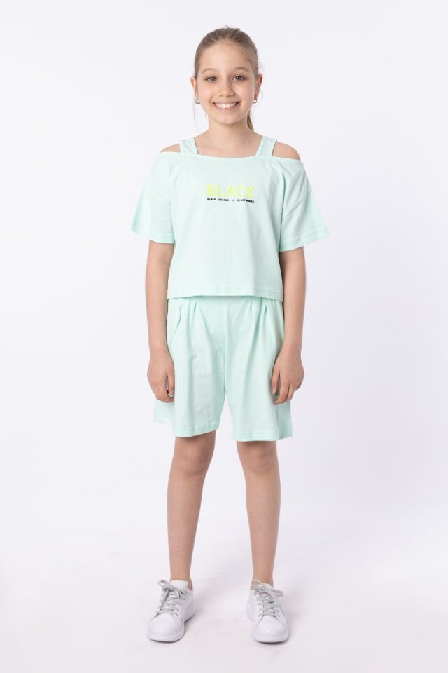 ORGANİK PAMUKLU BASKILI YÜKSEK BEL BOKSÖR KEMERLİ AÇIK OMUZLU CROP KESİM T-SHIRT SHORT TAKIMI 12-13 Yaş - MİNT YEŞİLİ