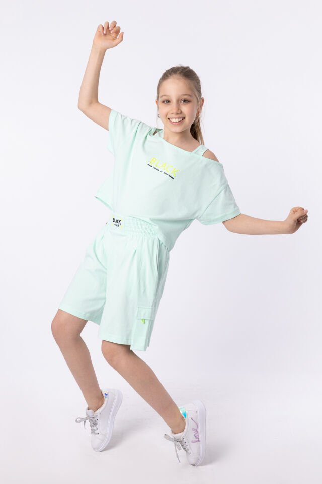 ORGANİK PAMUKLU BASKILI YÜKSEK BEL BOKSÖR KEMERLİ AÇIK OMUZLU CROP KESİM T-SHIRT SHORT TAKIMI 12-13 Yaş - MİNT YEŞİLİ