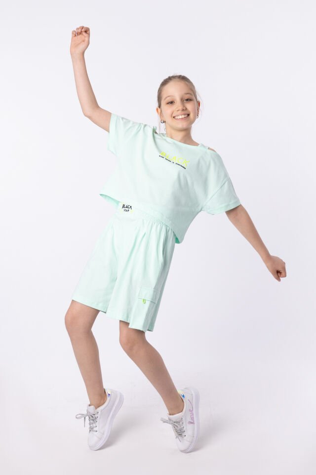ORGANİK PAMUKLU BASKILI YÜKSEK BEL BOKSÖR KEMERLİ AÇIK OMUZLU CROP KESİM T-SHIRT SHORT TAKIMI 12-13 Yaş - MİNT YEŞİLİ