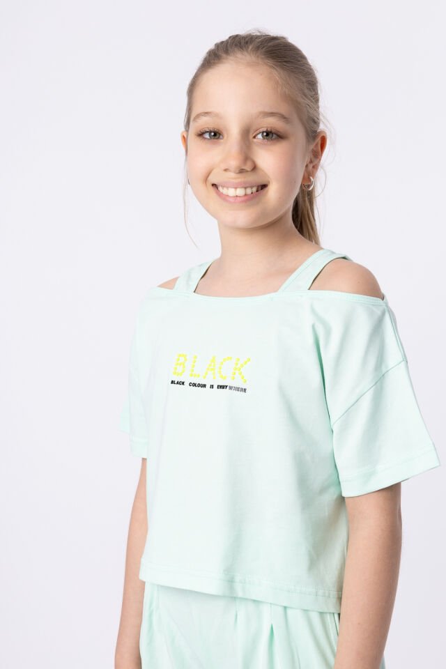 ORGANİK PAMUKLU BASKILI YÜKSEK BEL BOKSÖR KEMERLİ AÇIK OMUZLU CROP KESİM T-SHIRT SHORT TAKIMI 12-13 Yaş - MİNT YEŞİLİ
