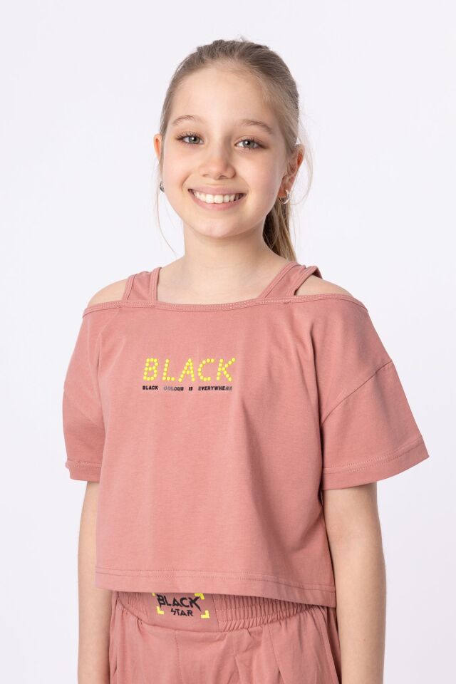 ORGANİK PAMUKLU BASKILI YÜKSEK BEL BOKSÖR KEMERLİ AÇIK OMUZLU CROP KESİM T-SHIRT SHORT TAKIMI 8-9 Yaş - MERCAN