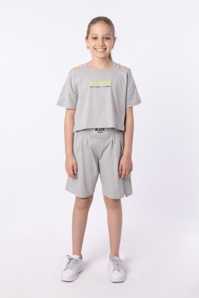 ORGANİK PAMUKLU BASKILI YÜKSEK BEL BOKSÖR KEMERLİ AÇIK OMUZLU CROP KESİM T-SHIRT SHORT TAKIMI 10-11 Yaş - GRİ