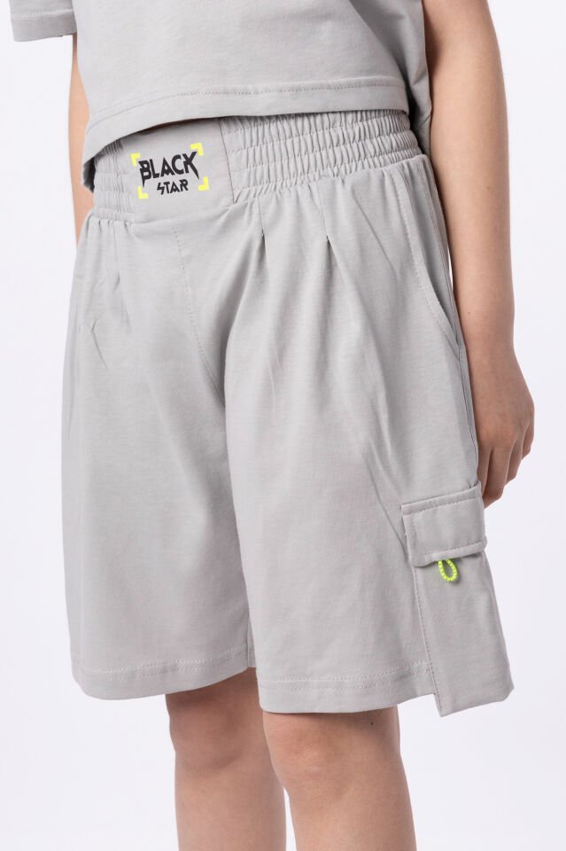 ORGANİK PAMUKLU BASKILI YÜKSEK BEL BOKSÖR KEMERLİ AÇIK OMUZLU CROP KESİM T-SHIRT SHORT TAKIMI 10-11 Yaş - GRİ