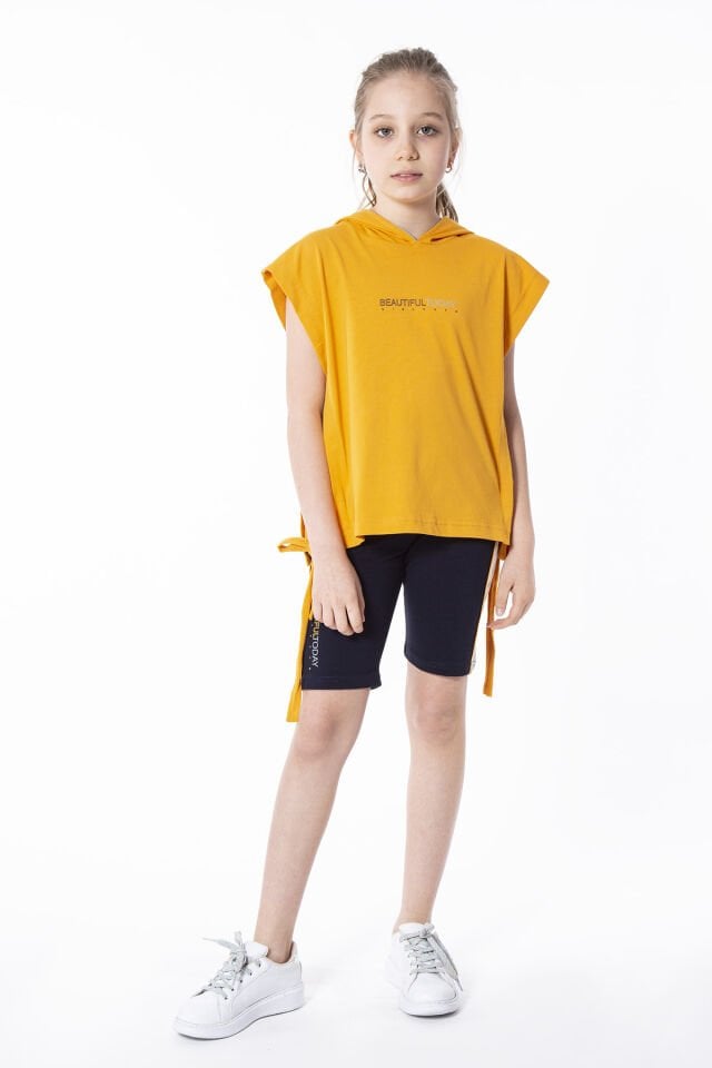 KIZ ÇOCUK YANDAN BAĞLAMALI BASKI DETAYLI KAPÜŞONLU ÜST TAYT TAKIMI