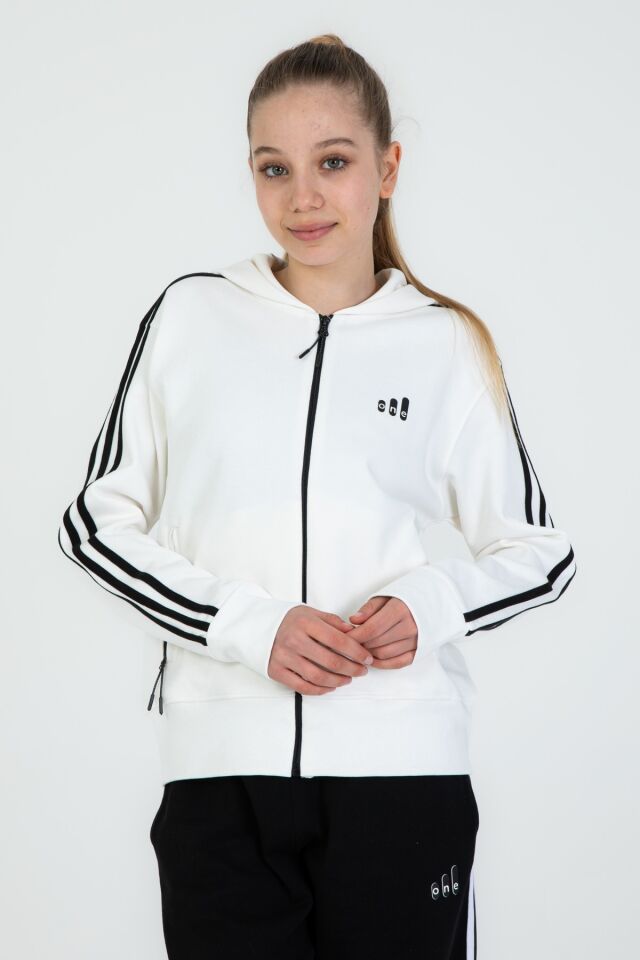 Kapüşonlu Fermuarlı Çift Cepli Kız Çocuk Eşofman Takım EKRU - 13-14 Yaş