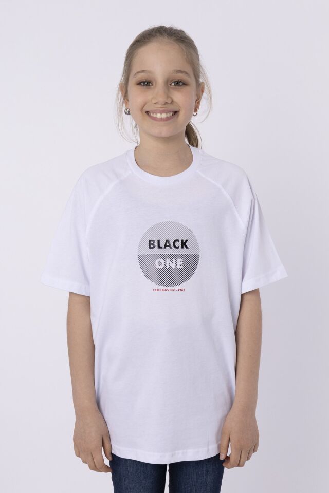%100 PAMUK SÜPREM KUMAŞTAN ENJEKSİYON BASKILI KIZ ÇOCUK T-SHIRT YAZLIK BİSİKLET YAKA BLACK ONE