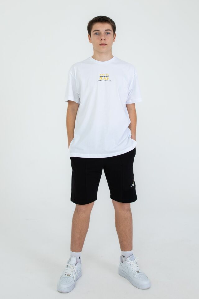 Baskı Detaylı Çift Cepli Şort Yazlık Bisiklet Yaka Erkek Çocuk Şortlu Takım