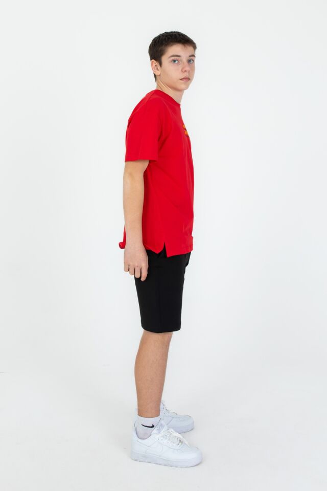 Baskı Detaylı Çift Cepli Şort Yazlık Bisiklet Yaka Erkek Çocuk Şortlu Takım