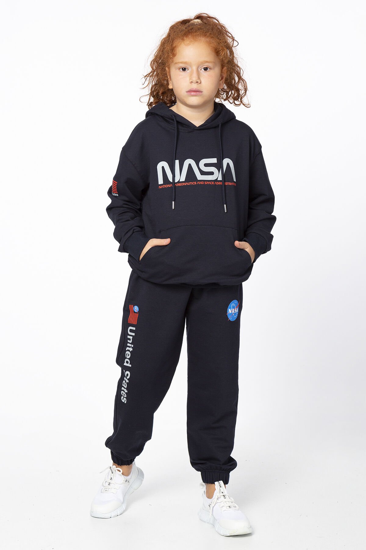 KIZ ÇOCUK UNİSEX  NASA BASKI DETAYLI OVERSİZE KAPÜŞONLU ÇOCUK EŞOFMAN TAKIMI 10-11 Yaş - LACİVERT