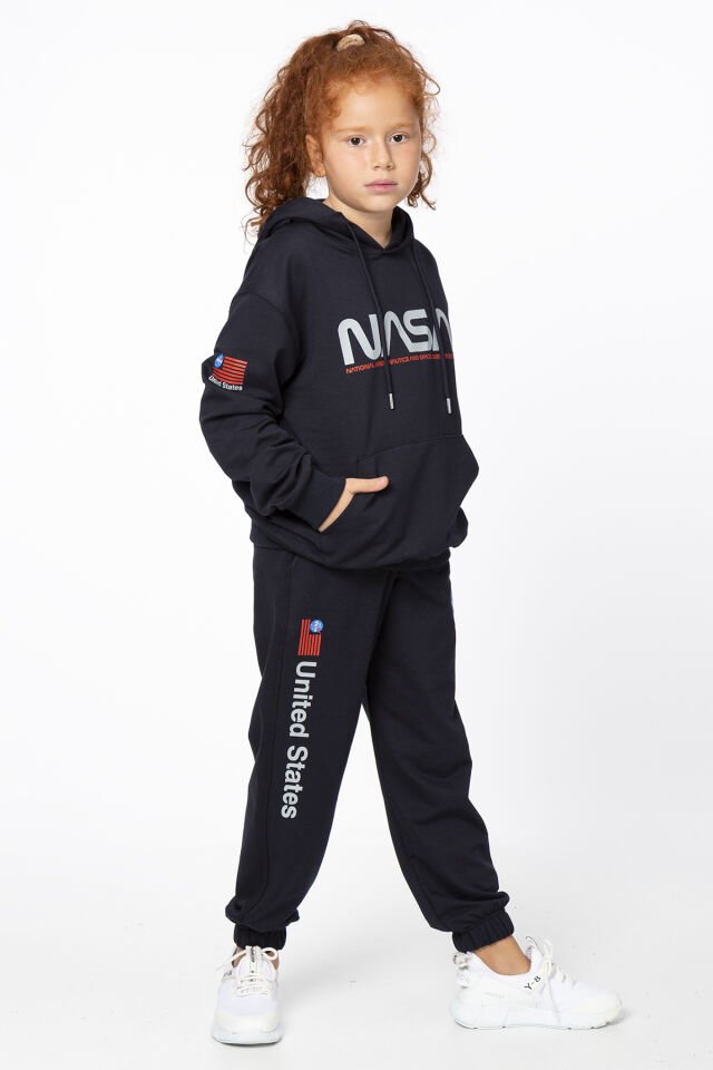 Kız Çocuk Şardonsuz 2 İplik Baskılı Kapüşonlu Spor Eşofman Takımı – Normal Kalıp 14-15 Yaş - LACİVERT