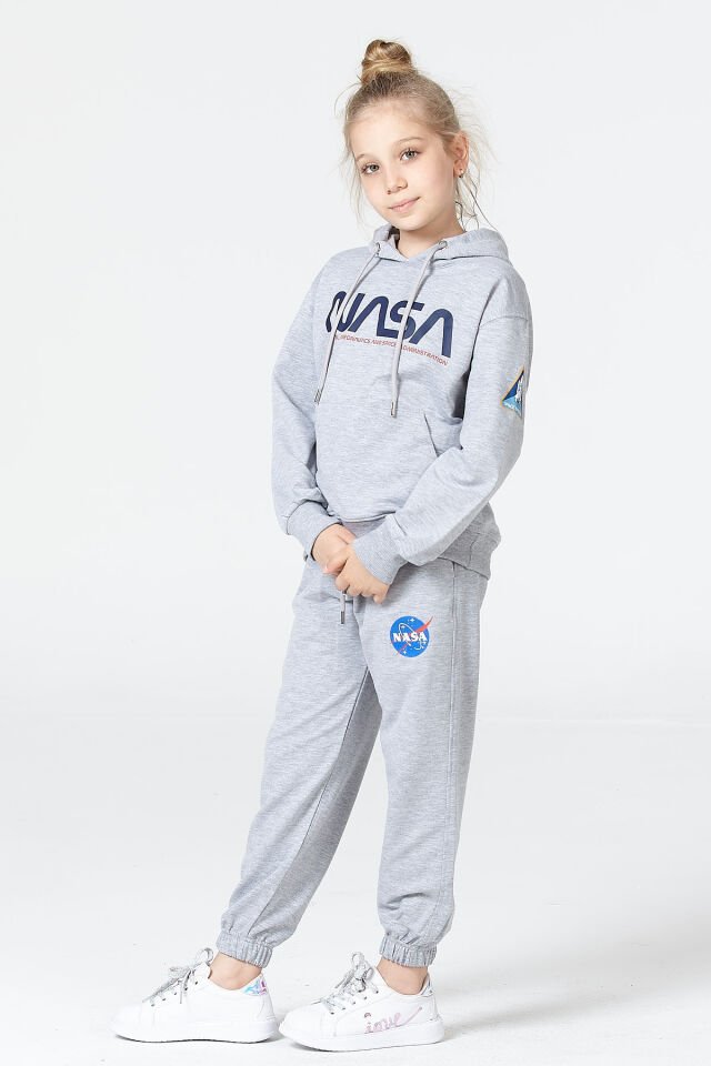 KIZ ÇOCUK UNİSEX  NASA BASKI DETAYLI OVERSİZE KAPÜŞONLU ÇOCUK EŞOFMAN TAKIMI 8-9 Yaş - GRİMELANJ