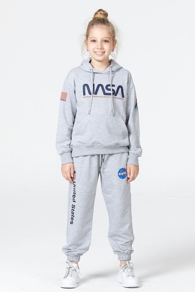 Kız Çocuk Şardonsuz 2 İplik Baskılı Kapüşonlu Spor Eşofman Takımı – Normal Kalıp 10-11 Yaş - GRİMELANJ