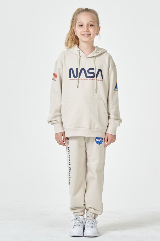 Kız Çocuk Şardonsuz 2 İplik Baskılı Kapüşonlu Spor Eşofman Takımı – Normal Kalıp 11-12 Yaş - TAŞ