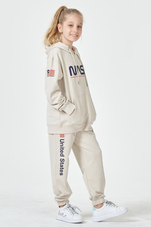 Kız Çocuk Şardonsuz 2 İplik Baskılı Kapüşonlu Spor Eşofman Takımı – Normal Kalıp 8-9 Yaş - TAŞ