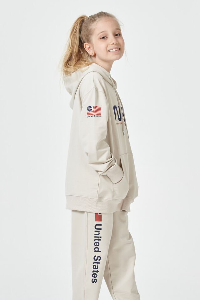 Kız Çocuk Şardonsuz 2 İplik Baskılı Kapüşonlu Spor Eşofman Takımı – Normal Kalıp 8-9 Yaş - TAŞ