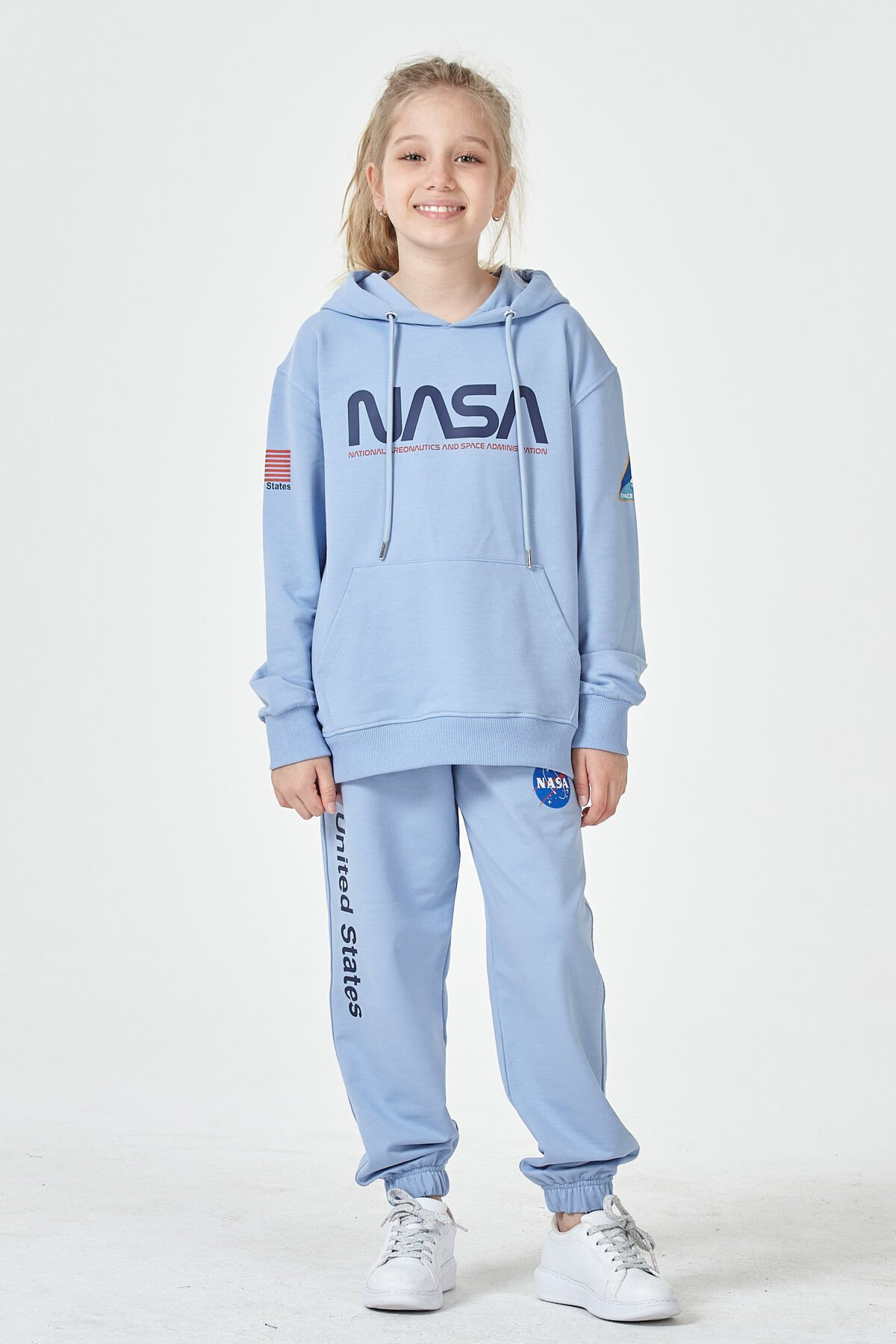 Kız Çocuk Şardonsuz 2 İplik Baskılı Kapüşonlu Spor Eşofman Takımı – Normal Kalıp 10-11 Yaş - MAVİ
