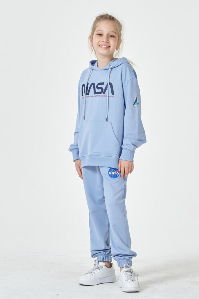 Kız Çocuk Şardonsuz 2 İplik Baskılı Kapüşonlu Spor Eşofman Takımı – Normal Kalıp 12-13 Yaş - MAVİ