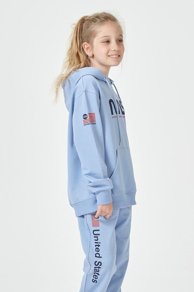 Kız Çocuk Şardonsuz 2 İplik Baskılı Kapüşonlu Spor Eşofman Takımı – Normal Kalıp 11-12 Yaş - MAVİ