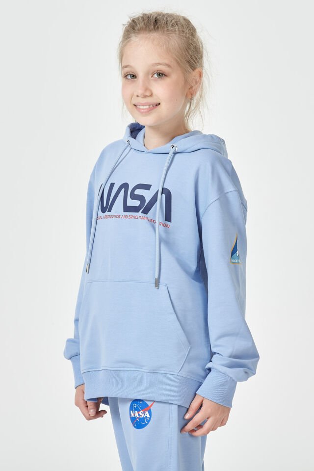 Kız Çocuk Şardonsuz 2 İplik Baskılı Kapüşonlu Spor Eşofman Takımı – Normal Kalıp 11-12 Yaş - MAVİ