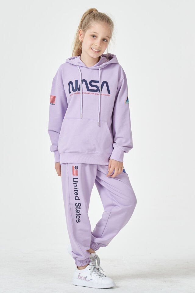 Kız Çocuk Şardonsuz 2 İplik Baskılı Kapüşonlu Spor Eşofman Takımı – Normal Kalıp 10-11 Yaş - LİLA