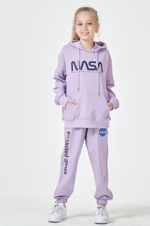 KIZ ÇOCUK UNİSEX  NASA BASKI DETAYLI OVERSİZE KAPÜŞONLU ÇOCUK EŞOFMAN TAKIMI 11-12 Yaş - LİLA