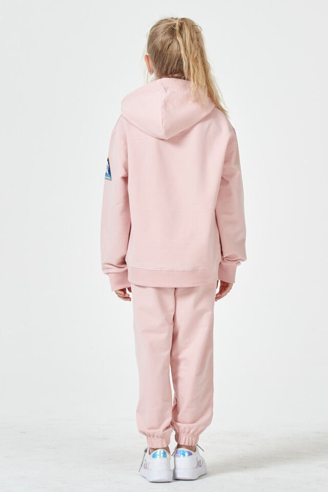 Kız Çocuk Şardonsuz 2 İplik Baskılı Kapüşonlu Spor Eşofman Takımı – Normal Kalıp 8-9 Yaş - PEMBE