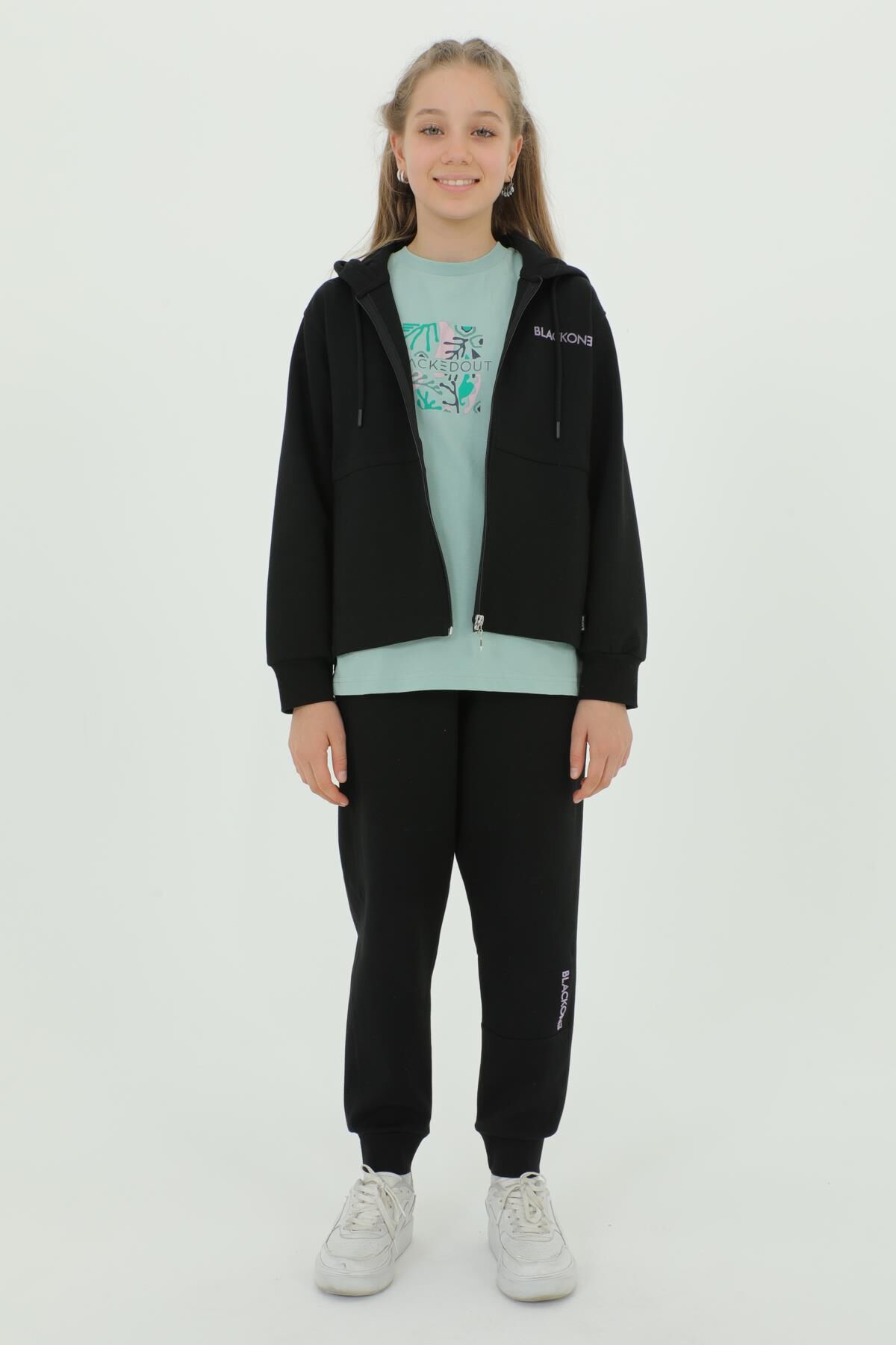 Kız Çocuk Üçlü Takım Baskı Detaylı Eşofman Takımı SİYAH - 10-11 Yaş