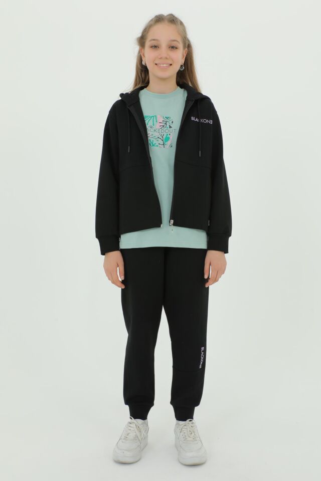 Kız Çocuk Üçlü Takım Baskı Detaylı Eşofman Takımı SİYAH - 10-11 Yaş