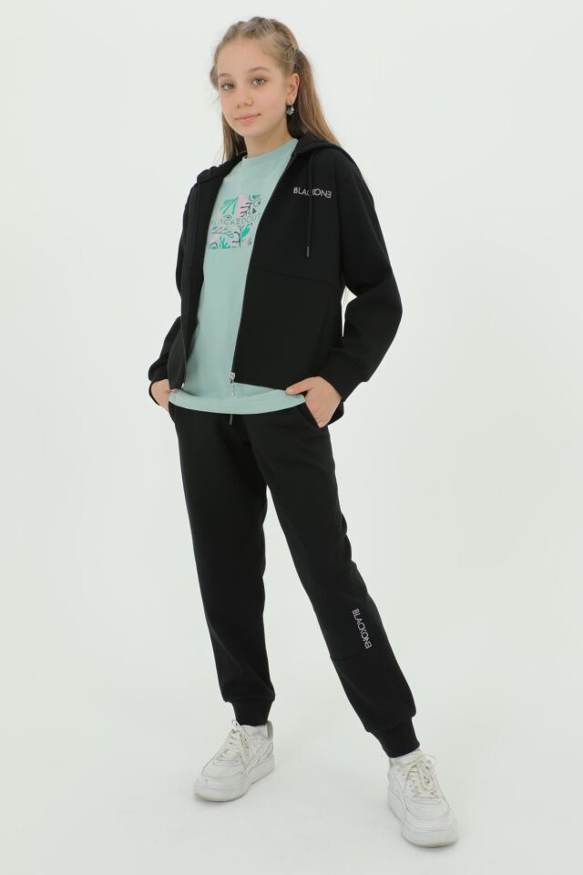 Kız Çocuk Üçlü Takım Baskı Detaylı Eşofman Takımı SİYAH - 10-11 Yaş