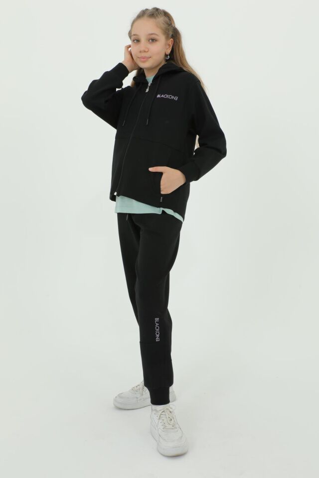 Kız Çocuk Üçlü Takım Baskı Detaylı Eşofman Takımı SİYAH - 10-11 Yaş