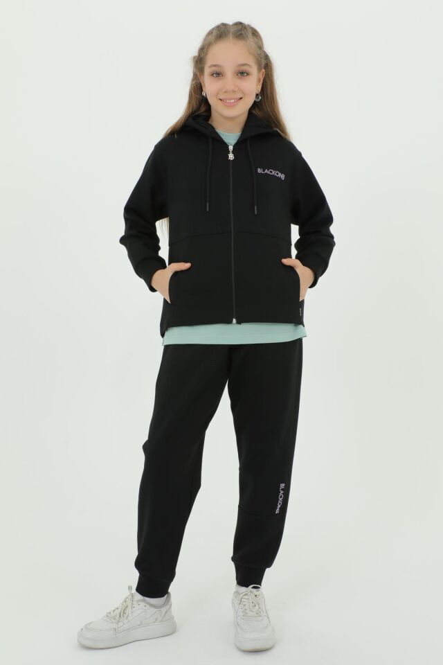 Kız Çocuk Üçlü Takım Baskı Detaylı Eşofman Takımı SİYAH - 10-11 Yaş