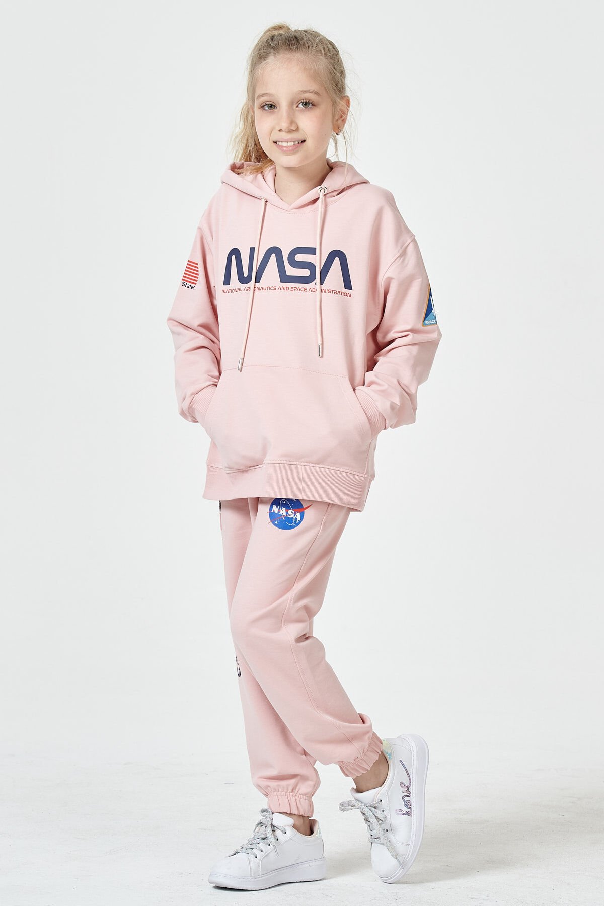 KIZ ÇOCUK UNİSEX  NASA BASKI DETAYLI OVERSİZE KAPÜŞONLU ÇOCUK EŞOFMAN TAKIMI 12-13 Yaş - PEMBE