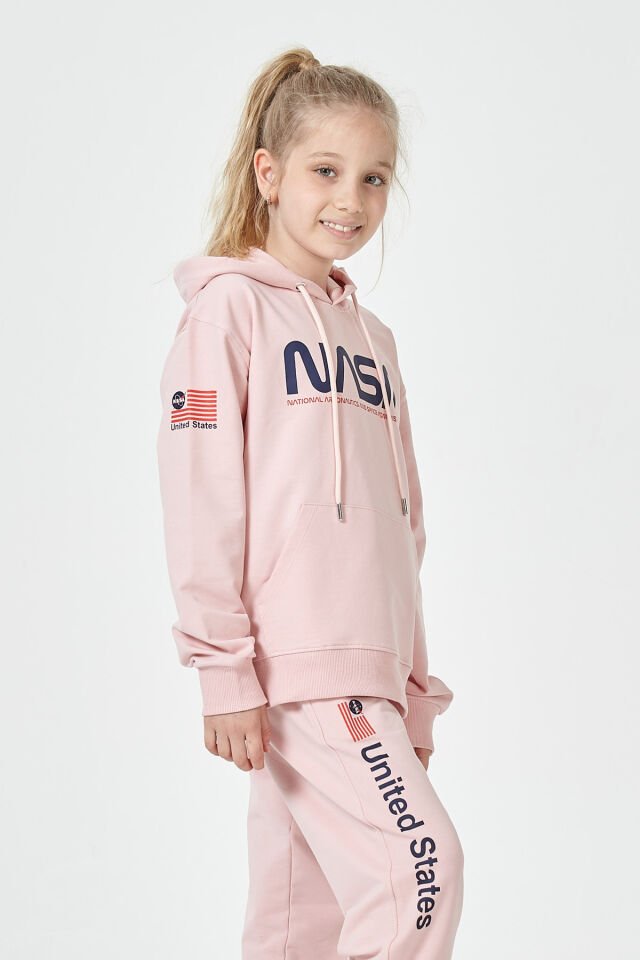 KIZ ÇOCUK UNİSEX  NASA BASKI DETAYLI OVERSİZE KAPÜŞONLU ÇOCUK EŞOFMAN TAKIMI 12-13 Yaş - PEMBE
