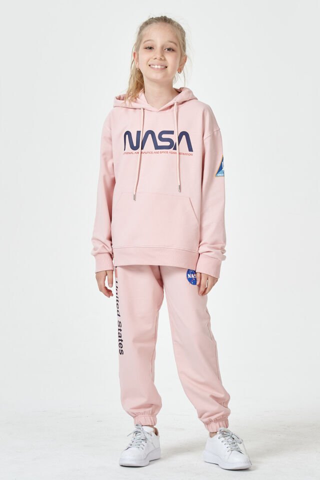 KIZ ÇOCUK UNİSEX  NASA BASKI DETAYLI OVERSİZE KAPÜŞONLU ÇOCUK EŞOFMAN TAKIMI 12-13 Yaş - PEMBE