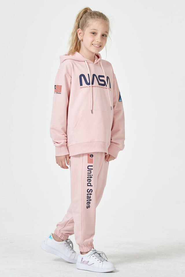 KIZ ÇOCUK UNİSEX  NASA BASKI DETAYLI OVERSİZE KAPÜŞONLU ÇOCUK EŞOFMAN TAKIMI 12-13 Yaş - PEMBE