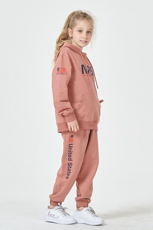 Kız Çocuk Şardonsuz 2 İplik Baskılı Kapüşonlu Spor Eşofman Takımı – Normal Kalıp 12-13 Yaş - GÜL KURUSU