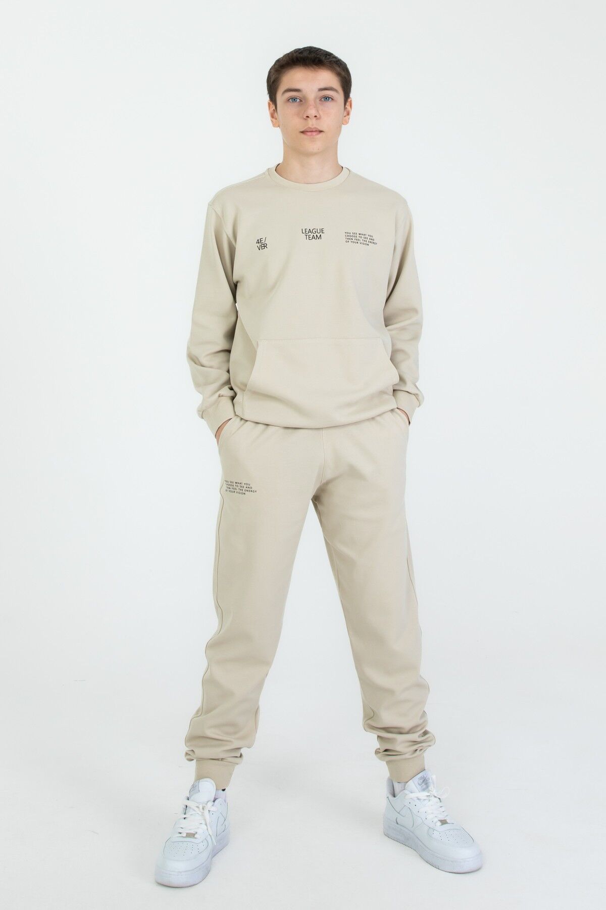 Bisiklet Yaka Basic Alt Üst Eşofman Takım BEJ - 10-11 Yaş